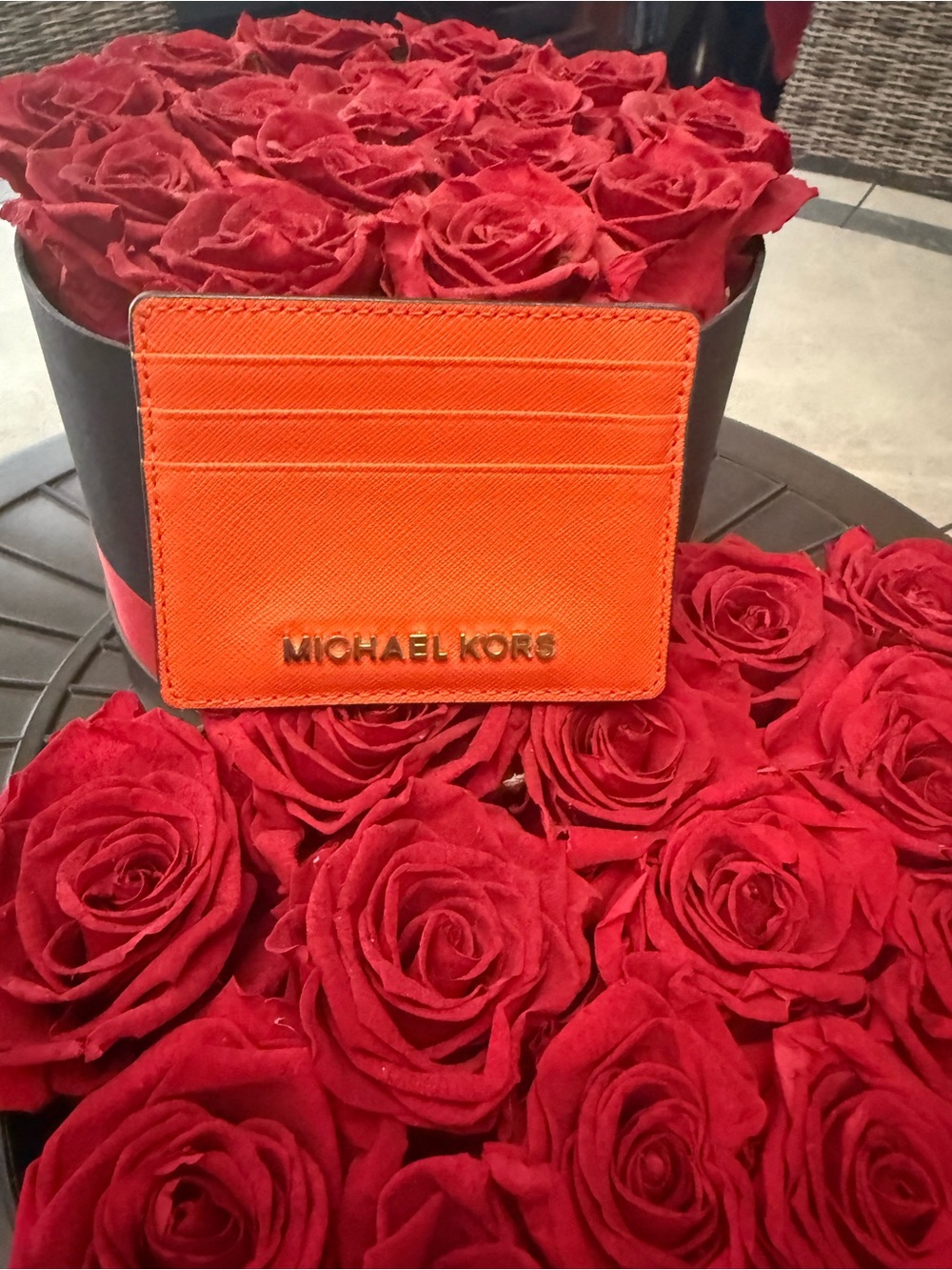 Michael Kors Bright Orange Saffiano Card Holder with Gold Logo